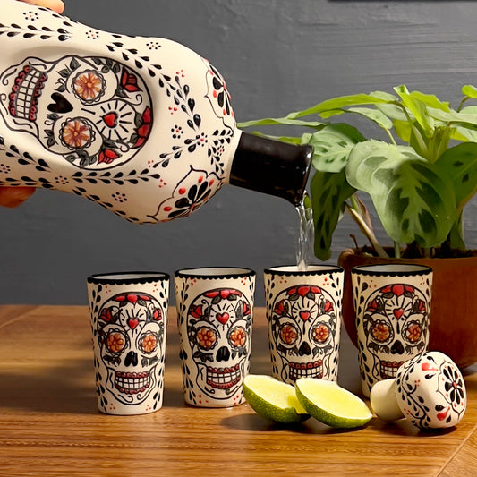 Luxury tequila shot glass set on home bar table. hand-painted and unique.