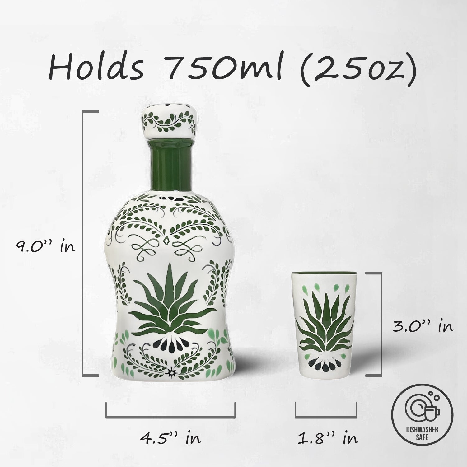 Decorative tequila decanter in green and white agave pattern. Home bar or gift