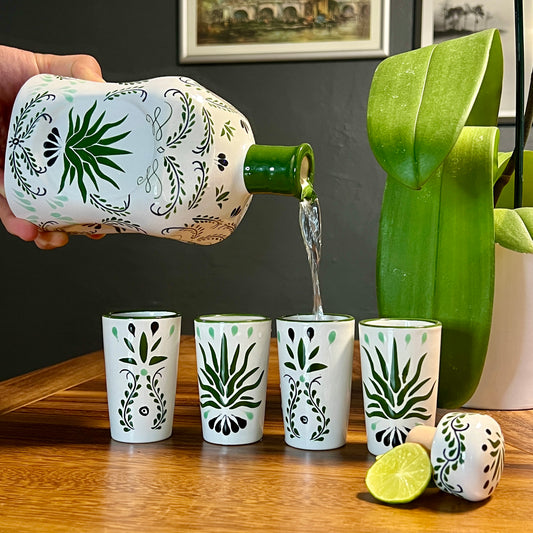 High end tequila set with green agave motif. Tequila gift set. Hand painted in Mexico
